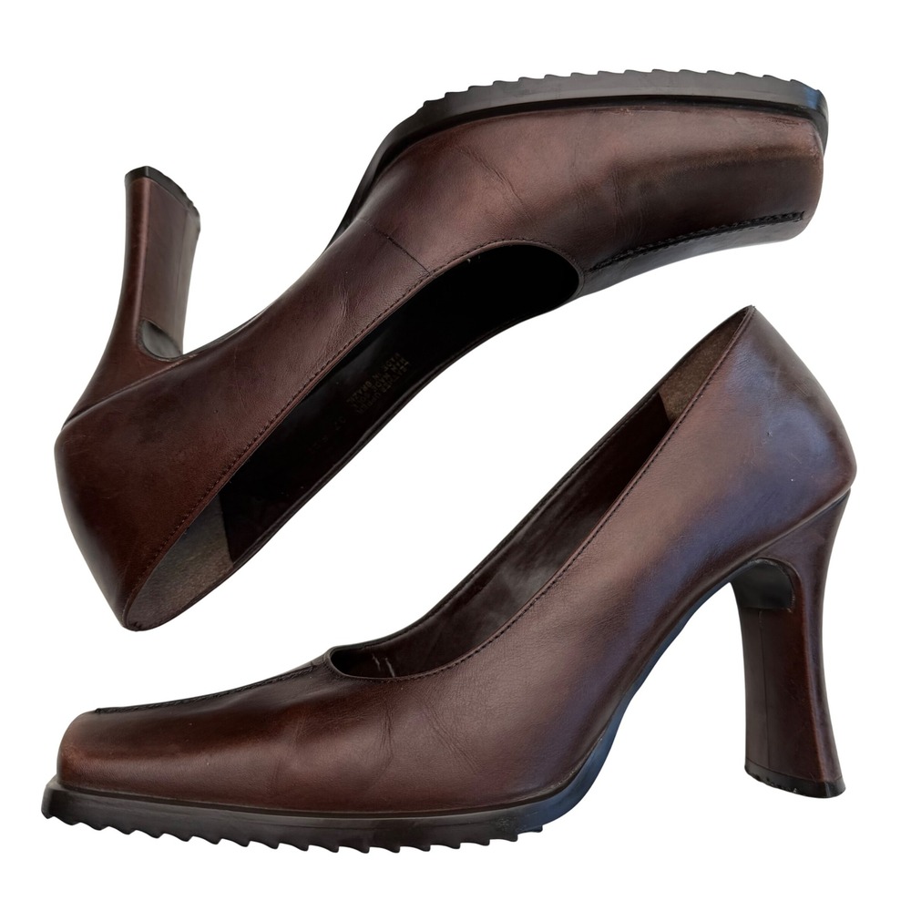Aldo Brown Leather Square Toe Pumps Flared Block Heel 90s Office Siren Size 37